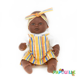 Poupée corps dur sans cheveux 30cm noir robe jaune