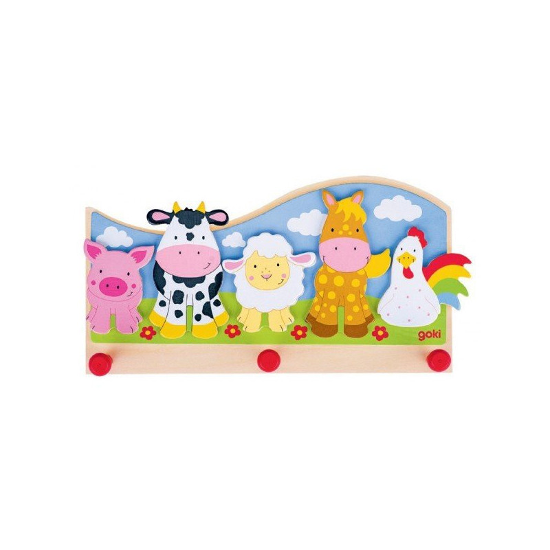 Porte manteau mural en bois pour crèche animaux de la ferme
