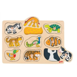 Puzzle à encastrer avec bouton en bois animaux caché 9 pcs ( pour les enfants de 1 an et plus )