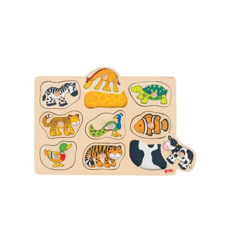 Puzzle à encastrer avec bouton en bois animaux caché 9 pcs ( pour les enfants de 1 an et plus )
