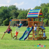 Aire de jeu en bois avec toboggan balançoire et plateforme