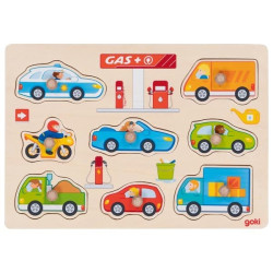 Puzzle à encastrer en bois avec bouton station de service