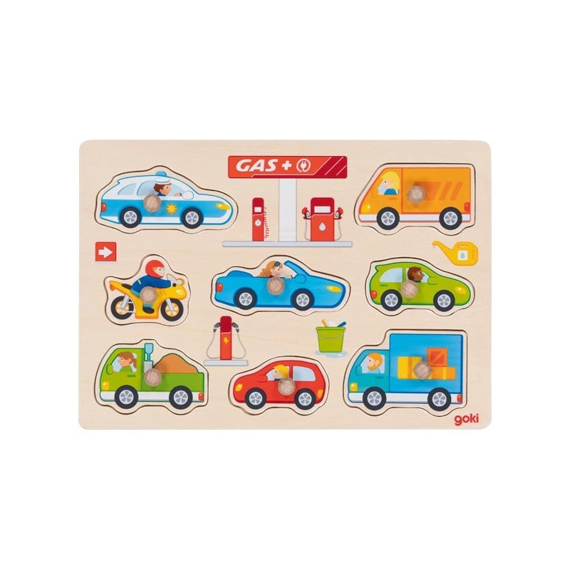 Puzzle à encastrer en bois avec bouton station de service