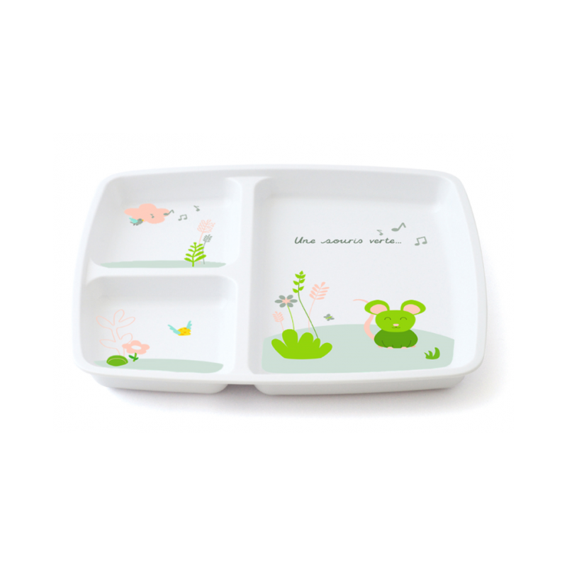 Plateau repas 3 compartiments melamine souris verte