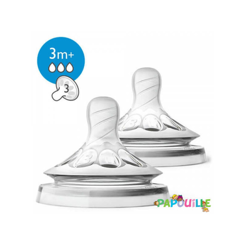 Lot de 2 tétines 3m+ 3 trous débit moyen avent natural