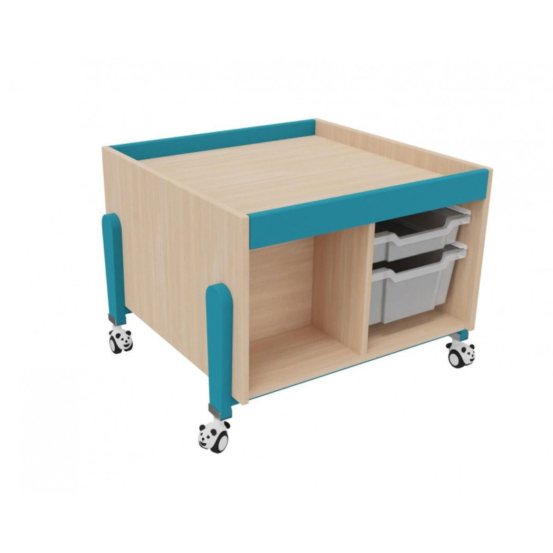 Meuble table activite a roulettes rangement vernis