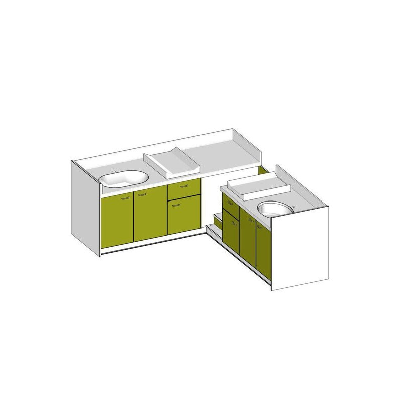 Meuble à langer d'angle sur mesure 2 cuves avec rangements