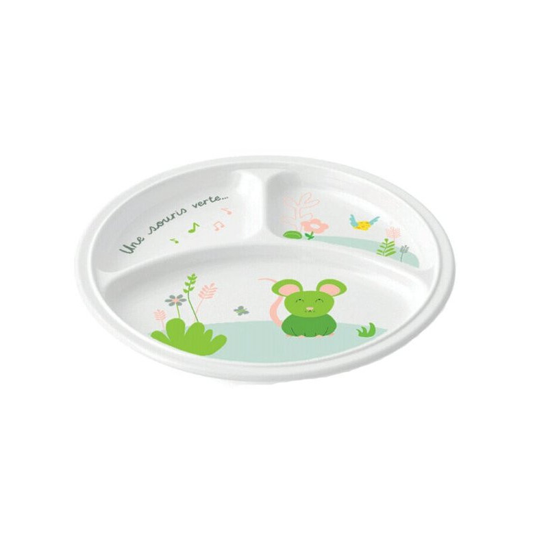 Assiette 3 compartiments mélamine souris verte