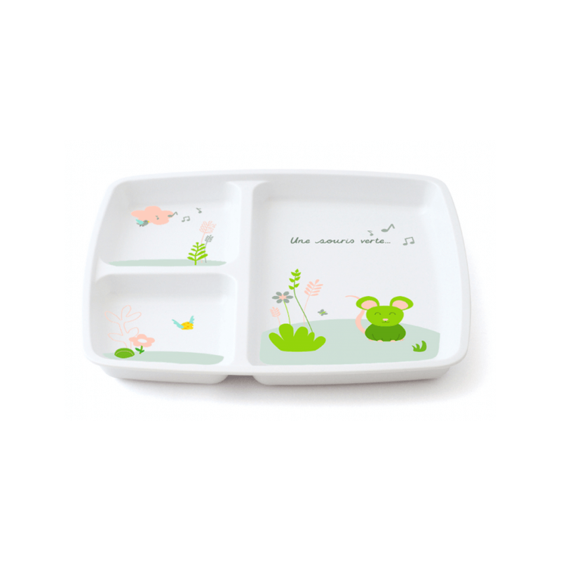 Plateau repas 3 compartiments melamine souris verte