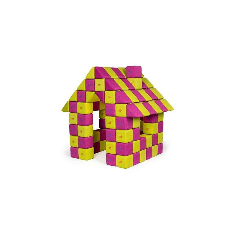 Cubes de constructions basic magnétiques de psychomotricité tissu 100 pièces fuchsia et jaune