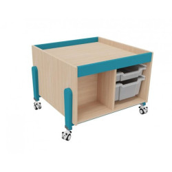 Meuble table activite a roulettes rangement vernis