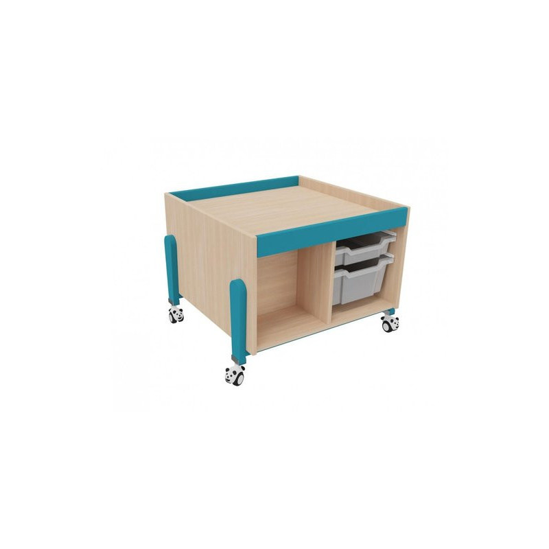 Meuble table activite a roulettes rangement vernis