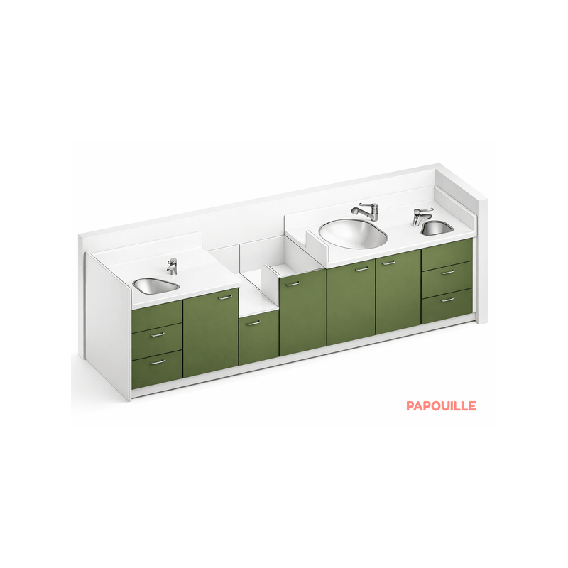 Meuble à langer 1 baignoire, 2 lavabos, 1 change debout - 330 x 850 cm