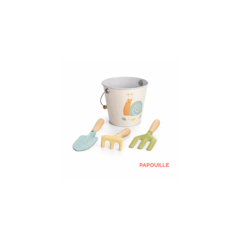 Seau avec outils de jardin, motif escargot
