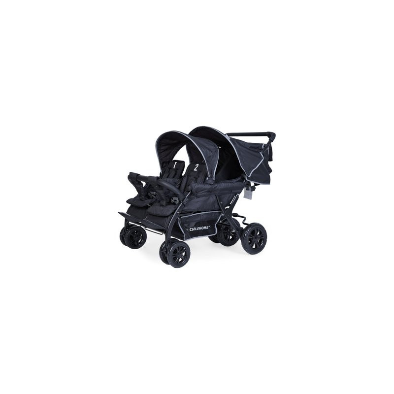 Quadruple Stroller - 4 Children - Black + Rain Cover + Sun Canopies