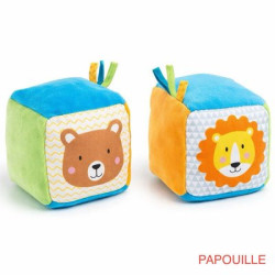 Cube avec grelot et papier qui crépite, jouet d'éveil